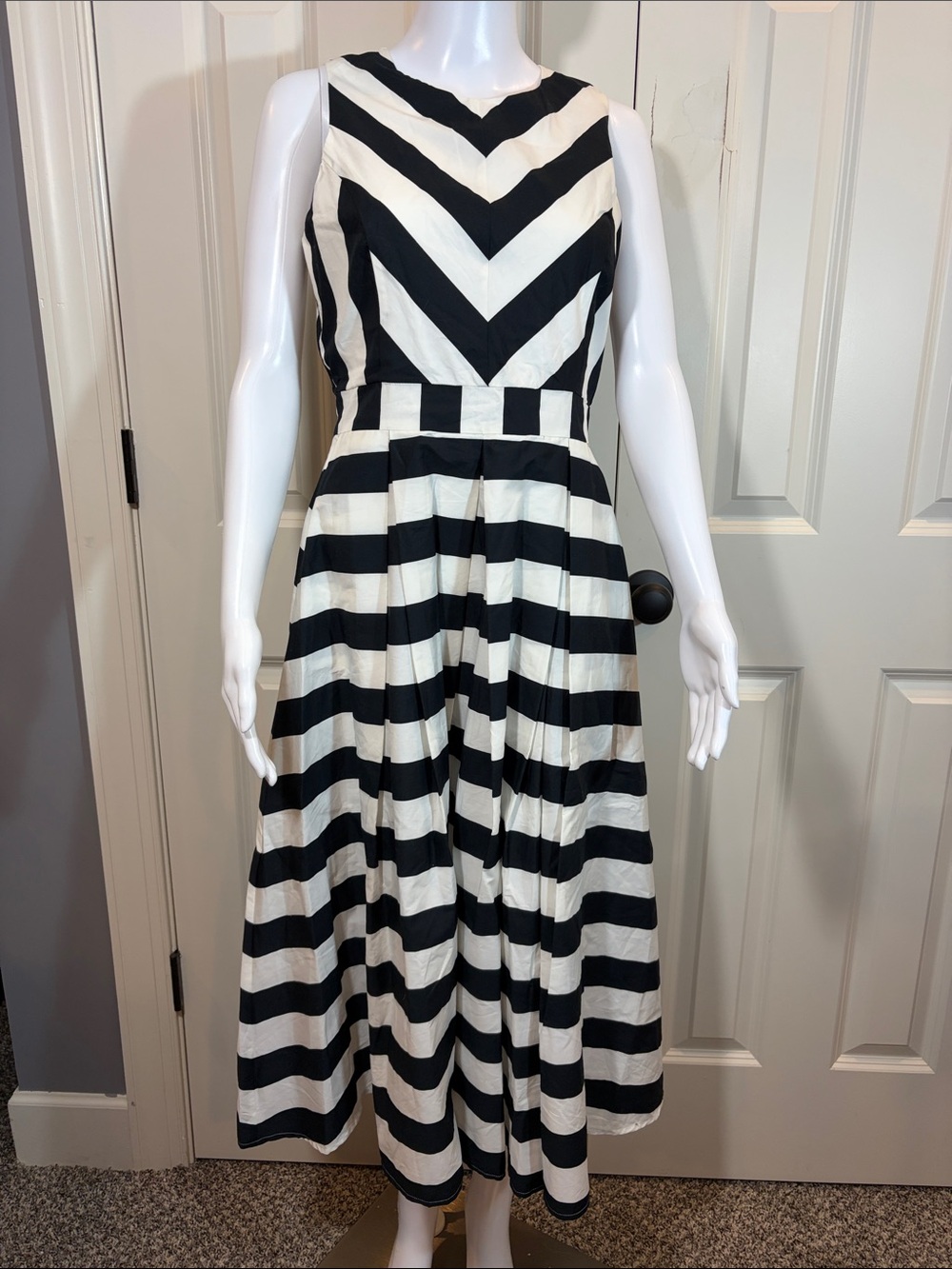 Motivi Black and White Striped Sleeveless Midi Dress